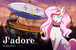 Size: 3000x2000 | Tagged: safe, artist:littletigressda, imported from derpibooru, fleur-de-lis, pony, unicorn, fanfic:j'adore, airship, collar, commission, cover art, disguise, disguised siren, fangs, female, gem, glowing, glowing eyes, high res, mare, mountain, mountain range, open mouth, open smile, siren gem, sirenified, smiling, species swap, spiked collar