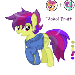 Size: 3200x3200 | Tagged: safe, artist:taeko, imported from derpibooru, banana bliss, scootaloo, oc, oc only, oc:rebel fruit, pegasus, pony, bad shading, blue hoodie, clothes, colors, fanart, folded wings, green fur, high res, hoodie, lidded eyes, looking at you, magical lesbian spawn, multicolored mane, multicolored tail, offspring, parent:banana bliss, parent:scootaloo, parents:bananaloo, purple eyes, purple mane, purple tail, simple background, smiling, smiling at you, solo, tail, teeth, text, white background, wings