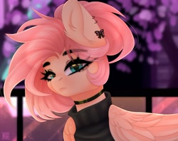 Size: 2048x1621 | Tagged: safe, artist:elektra-gertly, imported from derpibooru, fluttershy, pegasus, pony, choker, clothes, ear piercing, earring, female, fluttergoth, jewelry, looking at you, mare, piercing, ponytail, solo, sweater, turtleneck