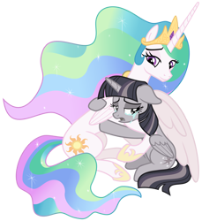 Size: 3200x3500 | Tagged: safe, alternate version, artist:cheezedoodle96, artist:wardex101, edit, imported from derpibooru, princess celestia, twilight sparkle, alicorn, pony, horse play, affection, comforting, comforting twilight, crying, discorded, discorded twilight, duo, female, floppy ears, high res, hug, mare, momlestia, momlestia fuel, motherly, reconciliation, remorse, sad, scene interpretation, simple background, sitting, transparent background, twilight sparkle (alicorn), twilight tragedy, vector, winghug, wings