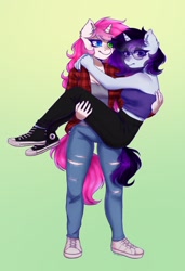 Size: 1403x2048 | Tagged: safe, artist:zowzowo, imported from derpibooru, oc, oc only, oc:bubblegum kiss, oc:purple reign, anthro, unicorn, anthro oc, aviator sunglasses, breasts, bridal carry, carrying, cleavage, clothes, commission, converse, couple, duo, duo female, eye clipping through hair, eyebrows, eyebrows visible through hair, female, flannel, full body, glasses, gradient background, heterochromia, horn, jeans, leggings, pants, ripped jeans, ripped pants, shoes, simple background, sneakers, sunglasses, torn clothes, tube top, unicorn oc