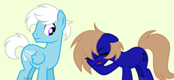 Size: 1477x682 | Tagged: safe, artist:feather_bloom, artist:pastel-pocky, imported from derpibooru, oc, oc only, oc:blue_skies, oc:feather_bloom, earth pony, pegasus, pony, base used, couple, duo, eyes closed, female, hoof on head, lol, male, mare, oc x oc, rule 63, shipping, stallion