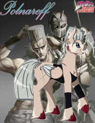 Size: 988x1272 | Tagged: safe, artist:lisarasik21, imported from derpibooru, human, pony, anime, arm bands, arm warmers, bare shoulders, black shirt, black tank top, blue eyes, clothes, comb, combing, cutie mark, ear piercing, earring, gray mane, grey hair, grin, heart, heart earring, heartbreak, jean pierre polnareff, jewelry, jojo reference, jojo's bizarre adventure, knight, light skin, pants, piercing, polnareff, ponified, red hooves, silver chariot, smiling, stand, sword, tan skin, weapon, white hair, white mane, white pants, wings