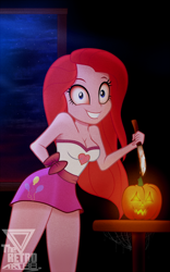 Size: 1306x2098 | Tagged: safe, artist:theretroart88, imported from derpibooru, pinkie pie, equestria girls, bare shoulders, breasts, busty pinkie pie, cleavage, clothes, halloween, holiday, knife, looking at you, miniskirt, pinkamena diane pie, pumpkin, skirt, sleeveless, solo, strapless