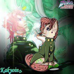 Size: 866x870 | Tagged: safe, artist:lisarasik21, imported from derpibooru, human, pony, anime, button, cherry, clothes, crying, cutie mark, ear piercing, earring, food, green hooves, green jacket, heirophant green, jacket, jewelry, jojo's bizarre adventure, light skin, noriaki kakyoin, piercing, pink hair, pink mane, ponified, purple eyes, red hair, red mane, scar, sitting, smiling, stand, tears of joy