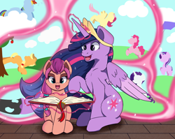 Size: 5811x4618 | Tagged: safe, artist:backgroundpony#f352, derpibooru exclusive, imported from derpibooru, applejack, fluttershy, pinkie pie, rainbow dash, rarity, starlight glimmer, sunny starscout, twilight sparkle, alicorn, changeling, earth pony, pegasus, pony, unicorn, book, cloud, crown, cute, eyes open, female, flying, g5, glowing, glowing horn, happy birthday mlp:fim, horn, jewelry, kite, magic, mare, memories, mlp fim's eleventh anniversary, my little pony: a new generation, open book, open mouth, regalia, sunny and her heroine, sunnybetes, twiabetes, twilight sparkle (alicorn), wings