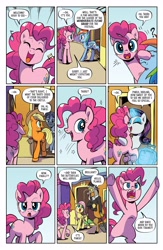 Size: 1988x3056 | Tagged: safe, artist:pencils, idw, imported from derpibooru, applejack, discord, fluttershy, pinkie pie, rainbow dash, rarity, twilight sparkle, draconequus, earth pony, pegasus, unicorn, spoiler:comic, spoiler:comic94, bipedal, excited, female, male, mane six, mare