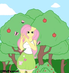 Size: 1900x2000 | Tagged: safe, artist:mr.ferret, imported from derpibooru, fluttershy, anthro, butterfly, apple, apple tree, big breasts, breasts, busty fluttershy, clothes, equestria girls outfit, floppy ears, food, forest, long hair, looking at you, sexy, solo, tree