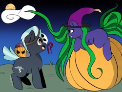 Size: 2224x1668 | Tagged: safe, artist:cosmiclitgalaxy, imported from derpibooru, mane-iac, thunderlane, earth pony, pony, alternate universe, duo, exclamation point, fanart, hat, interrobang, maniac, night, pumpkin, question mark, wingless, witch, witch hat