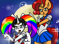 Size: 1026x768 | Tagged: safe, artist:tranzmuteproductions, imported from derpibooru, oc, oc only, oc:keyframe, oc:lightning bliss, alicorn, anthro, unicorn, alicorn oc, clothes, cosplay, costume, crossover, duo, evening gloves, female, full moon, gloves, horn, long gloves, moon, open mouth, sailor moon, skirt, unicorn oc, wings