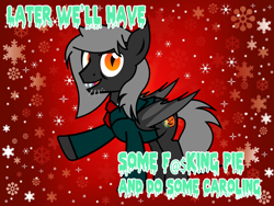 Size: 2016x1512 | Tagged: safe, artist:tranzmuteproductions, imported from derpibooru, oc, oc only, oc:tranzmute, bat pony, pony, bat pony oc, clothes, fangs, male, necktie, raised hoof, slit pupils, solo, stallion, suit