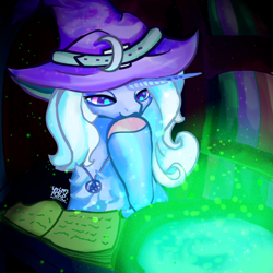 Size: 3000x3000 | Tagged: safe, artist:umbrapone, imported from derpibooru, trixie, pony, unicorn, book, bookshelf, buckle, cauldron, chest fluff, crescent moon, giggling, hat, high res, hoof on chin, jewelry, magic, moon, necklace, particles, pentagram, pink hoof, purple eyes, solo, sparkles, table, witch, witch hat, witchcraft