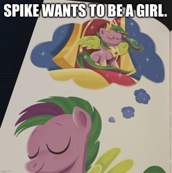 Size: 910x917 | Tagged: safe, artist:anthony conley, edit, imported from derpibooru, spike, pegasus, pony, a pony named spike, alicorn spike, caption, daydream, eyes closed, female, image macro, implied transgender, jewelry, male, ponified, ponified spike, regalia, smiling, solo, species swap, text, throne