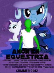 Size: 800x1080 | Tagged: safe, alternate version, artist:imthebestididit, imported from twibooru, princess luna, rarity, trixie, oc, oc:anon, alicorn, human, pony, unicorn, 2012, anon in equestria, female, image, male, mare, movie poster, png, text