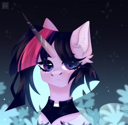 Size: 1600x1567 | Tagged: safe, artist:elektra-gertly, imported from derpibooru, twilight sparkle, oc, oc:harmonical seraph, alternate design, bust, choker, clothes, collar, ear fluff, female, glow, glowing hair, looking at you, mare, portrait, solo