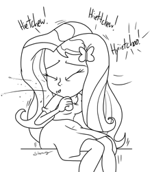 Size: 1024x1151 | Tagged: safe, artist:silverwing, imported from derpibooru, fluttershy, human, equestria girls, blouse, clothes, cute, dress, female, lineart, shirt, sitting, sketch, sneeze cloud, sneezing, sneezing fit, solo, spray, turning away