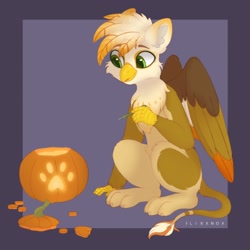 Size: 2048x2048 | Tagged: safe, artist:flixanoa, imported from derpibooru, oc, oc only, oc:ember burd, griffon, beak, eared griffon, griffon oc, halloween, high res, holiday, jack-o-lantern, knife, paw prints, paws, pumpkin, pumpkin carving, sitting, solo, tail, talons, wings