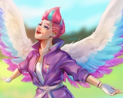 Size: 2500x2000 | Tagged: safe, artist:helenmonster2, imported from derpibooru, zipp storm, human, g5, high res, humanized, my little pony: a new generation, open mouth, solo, winged humanization, wings