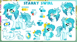 Size: 1200x655 | Tagged: safe, artist:jennieoo, imported from derpibooru, oc, oc only, oc:starry swirl, earth pony, pony, weasel, baby, baby pony, confused, female, filly, foal, happy, pacifier, pet, ponytail, reference, reference sheet, ribbon, show accurate, shy, simple background, smiling, solo, teenager