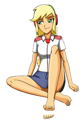 Size: 2488x3600 | Tagged: safe, artist:artemis-polara, imported from derpibooru, applejack, equestria girls, barefoot, clothes, commission, feet, foot tapping, headphones, high res, music notes, shirt, simple background, sitting, skirt, tapping, transparent background