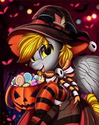 Size: 2550x3209 | Tagged: safe, artist:pridark, imported from derpibooru, part of a set, oc, oc only, pegasus, pony, bucket, candy, clothes, commission, costume, eye clipping through hair, eyebrows, eyebrows visible through hair, female, food, halloween, hat, high res, holiday, jack-o-lantern, looking at you, mare, open mouth, open smile, part of a series, pegasus oc, pumpkin, pumpkin bucket, smiling, smiling at you, socks, solo, striped socks, witch hat, ych result