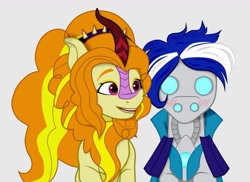 Size: 1026x747 | Tagged: safe, artist:crystal yazarän, imported from derpibooru, adagio dazzle, oc, oc:ivislor, oc:ivislor odzi, cyborg, cyborg pony, kirin, pony, blushing, commission, commissioner:iv's, duo