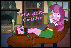 Size: 1024x690 | Tagged: safe, artist:osiel-alex, imported from derpibooru, cheerilee, equestria girls, arm behind head, barefoot, blushing, bondage, bookshelf, boots, brush, crying, fainting couch, feet, fetish, fireplace, foot fetish, hairbrush, laughing, lock, missing shoes, open mouth, padlock, shoes, soles, stocks, tears of laughter, tickling, tied up, toe tied, toes