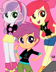 Size: 434x554 | Tagged: safe, artist:flutteryaylove, imported from derpibooru, apple bloom, scootaloo, sweetie belle, equestria girls, adorabloom, cute, cutealoo, cutie mark crusaders, diasweetes, female, pink background, simple background, tiktok, trio, trio female