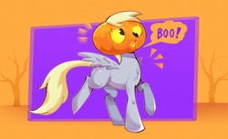 Size: 1860x1136 | Tagged: safe, artist:another_pony, imported from derpibooru, derpy hooves, pegasus, pony, boo, dead tree, dialogue, female, halloween, holiday, jack-o-lantern, mare, nightmare night, pumpkin, pumpkin head, solo, speech bubble, tree, wings