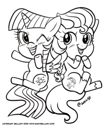 Size: 590x700 | Tagged: safe, artist:marybellamy, imported from derpibooru, sunny starscout, twilight sparkle, alicorn, earth pony, pony, backwards cutie mark, chibi, cute, duo, duo female, female, g5, lineart, looking at you, mare, monochrome, my little pony: a new generation, one eye closed, simple background, smiling, sunny and her heroine, sunnybetes, twiabetes, twilight sparkle (alicorn), unshorn fetlocks, wink