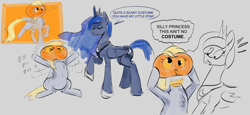 Size: 3065x1416 | Tagged: safe, artist:another_pony, imported from derpibooru, derpy hooves, princess luna, alicorn, pegasus, pony, boo, chest fluff, cute, derpabetes, dialogue, duo, eyes closed, female, flailing, folded wings, halloween, headless, holiday, jack-o-lantern, jewelry, mare, nightmare night, open mouth, open smile, pumpkin, pumpkin head, raised hoof, regalia, sitting, smiling, speech bubble, surprised, waving arms, wings