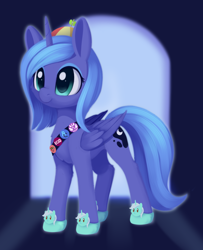 Size: 1070x1316 | Tagged: safe, artist:dusthiel, imported from derpibooru, lyra heartstrings, princess luna, oc, oc:big brian, alicorn, pony, bronycon, equestria daily, clothes, cute, female, folded wings, hat, horn, leg fluff, lunabetes, mare, meme, pins, ponytober, propeller hat, s1 luna, slim, slippers, solo, thanks m.a. larson, themed slippers, wings