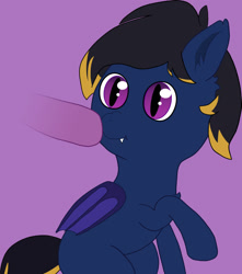 Size: 1280x1447 | Tagged: safe, artist:eminent entropy, imported from derpibooru, oc, oc only, oc:midnight breeze, bat pony, pony, bat pony oc, bat wings, boop, disembodied hoof, sitting, solo, wings