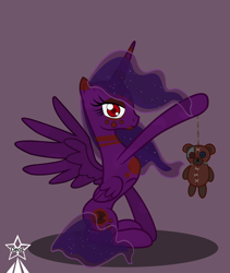 Size: 4245x5021 | Tagged: safe, artist:devorierdeos, imported from derpibooru, oc, alicorn, pony, fallout equestria, alicorn oc, hanged, horn, plushie, red eye, red eyes, simple background, sitting, spread wings, tattoo, teddy bear, voodoo doll, wings