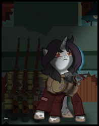 Size: 4106x5238 | Tagged: safe, artist:devorierdeos, imported from derpibooru, oc, oc:belata castial, unicorn, fallout equestria, armor, clothes, dirty hooves, factory, gun, handgun, horn, military, mosin nagant, pathetic, pistol, rifle, soiled hooves, unicorn oc, uniform, weapon