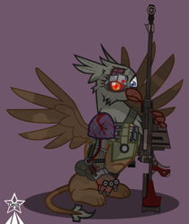 Size: 4245x5021 | Tagged: safe, artist:devorierdeos, imported from derpibooru, oc, oc:thunderer, cyborg, griffon, fallout equestria, griffon oc, gun, injured, red eye army, red eyes, rifle, robot eye, simple background, sitting, sniper, spread wings, weapon, wings