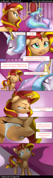 Size: 600x2000 | Tagged: safe, artist:imdrunkontea, edit, editor:enrique zx, imported from derpibooru, princess celestia, sunset shimmer, alicorn, pony, unicorn, comic:the reunion, equestria girls, 2015, comic, crying, duo, female, horn, mare, spanish, spanish description, spanish text, speech bubble, text bubbles, translator:enrique zx, wings, wings down