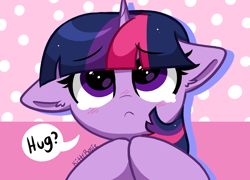 Size: 6800x4900 | Tagged: safe, artist:kittyrosie, imported from derpibooru, twilight sparkle, pony, unicorn, abstract background, absurd resolution, blushing, bronybait, bust, crying, crylight sparkle, cute, dialogue, drop shadow, eyebrows, eyebrows visible through hair, female, floppy ears, frown, hooves together, hug request, mare, sad, sadorable, solo, speech bubble, talking to viewer, teary eyes, twiabetes, unicorn twilight, weapons-grade cute