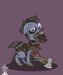 Size: 4245x5021 | Tagged: safe, artist:devorierdeos, imported from derpibooru, oc, oc only, earth pony, fallout equestria, axe, bad teeth, bags, beard, blue eyes, bomb collar, collar, dirty, dirty hooves, earth pony oc, facial hair, pipe pistol, raider, simple background, soiled hooves, weapon