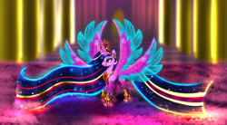 Size: 2500x1375 | Tagged: safe, artist:darksly, imported from derpibooru, twilight sparkle, alicorn, pony, seraph, seraphicorn, the last problem, artificial horn, artificial wings, augmented, big crown thingy, commission, crown, element of magic, ethereal mane, female, four wings, hoof shoes, horn, jewelry, long mane, magic, magic horn, magic wings, mare, multiple horns, multiple wings, older, older twilight, peytral, princess twilight 2.0, rainbow power, raised hoof, regalia, slim, solo, spread wings, starry mane, twilight sparkle (alicorn), ultimate twilight, wings