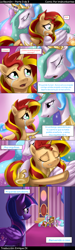 Size: 600x2000 | Tagged: safe, artist:imdrunkontea, edit, editor:enrique zx, imported from derpibooru, princess celestia, sunset shimmer, twilight sparkle, alicorn, pony, unicorn, comic:the reunion, equestria girls, comic, crying, dialogue, horn, hug, spanish, spanish description, speech bubble, tears of joy, teary eyes, translator:enrique zx, twilight sparkle (alicorn), wings, wings down