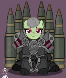 Size: 4245x5021 | Tagged: safe, artist:devorierdeos, imported from derpibooru, oc, oc only, earth pony, pony, fallout equestria, armor, earth pony oc, fantasy class, grey hair, knight, no helmet, paladin, power armor, red eyes, ship shells, simple background, sitting, steel ranger, warrior