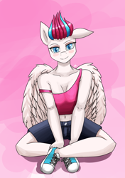 Size: 1200x1700 | Tagged: safe, artist:zachc, imported from derpibooru, zipp storm, anthro, pegasus, plantigrade anthro, blushing, breasts, cleavage, clothes, converse, g5, looking at you, midriff, my little pony: a new generation, shoes, shorts, smiling, sneakers, solo, tanktop