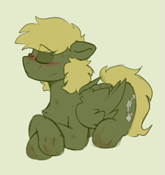 Size: 1035x1095 | Tagged: safe, artist:crimmharmony, imported from derpibooru, oc, oc only, oc:murky, pegasus, pony, fallout equestria, fallout equestria: murky number seven, bruised, eyes closed, fanfic art, injured, simple background, solo