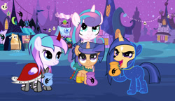 Size: 1024x589 | Tagged: safe, artist:velveagicsentryyt, imported from derpibooru, princess flurry heart, oc, oc:chryssa, oc:galaxy swirls, oc:velvet sentry, pony, baby vs, clothes, costume, female, filly, nightmare night costume, offspring, older, parent:flash sentry, parent:princess cadance, parent:shining armor, parent:twilight sparkle, parents:flashlight, parents:shiningcadance