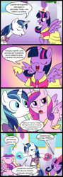 Size: 713x2000 | Tagged: safe, artist:madmax, editor:enrique zx, imported from derpibooru, princess cadance, shining armor, twilight sparkle, alicorn, pony, unicorn, brother, brother and sister, clothes, comic, commission, commissioner:tan575, coronation dress, dialogue, dress, female, horn, husband and wife, male, mare, shining armor gets all the mares, shiningcadance, shipping, siblings, sisters-in-law, spanish, spanish description, speech bubble, straight, translation, translator:enrique zx, twilight sparkle (alicorn), wings