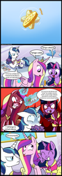 Size: 713x2000 | Tagged: safe, artist:madmax, editor:enrique zx, imported from derpibooru, princess cadance, shining armor, twilight sparkle, alicorn, pony, unicorn, bits, brother and sister, card, clothes, comic, commission, commissioner:tan575, coronation dress, crosscut saw, dialogue, dress, evil grin, eyes closed, female, frown, funny, grin, heads or tails, horn, husband and wife, levitation, lying down, magic, male, mare, open mouth, prone, saw, shining armor is not amused, shiningcadance, shipping, siblings, sisters-in-law, smiling, spanish, speech bubble, spread wings, stallion, straight, telekinesis, tongue out, translation, translator:enrique zx, twilight sparkle (alicorn), unamused, wide eyes, wings