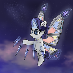 Size: 2160x2160 | Tagged: safe, artist:limitmj, imported from derpibooru, rarity, pony, unicorn, artificial wings, augmented, flying, glowing, glowing horn, high res, horn, solo, wings