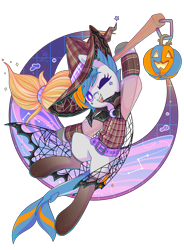 Size: 2448x3320 | Tagged: safe, artist:wavecipher, imported from derpibooru, oc, oc only, oc:gulfstream, original species, shark, shark pony, bat wings, broom, flannel, flying, flying broomstick, halloween, hat, high res, holiday, jack-o-lantern, pumpkin, simple background, smiling, solo, transparent background, white pupils, wings, witch hat