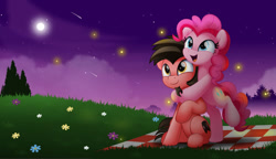 Size: 800x460 | Tagged: safe, artist:jhayarr23, imported from derpibooru, pinkie pie, oc, oc:ace play, pony, bipedal, canon x oc, commission, female, flower, male, moon, night, picnic blanket, pinkieplay, shipping, shooting star, stargazing, stars, straight